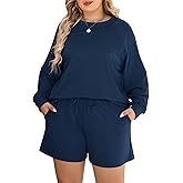 Nemidor Plus Size Fall Sweatsuit for Women Spring Matching Lounge Sets Casual Long Sleeve Top and Shorts Outfits 2 Piece