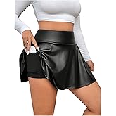 OYOANGLE Women's Plus Size PU Leather Ruffle Short Skirts High Waist Pleated Skater Skirt with Built in Shorts