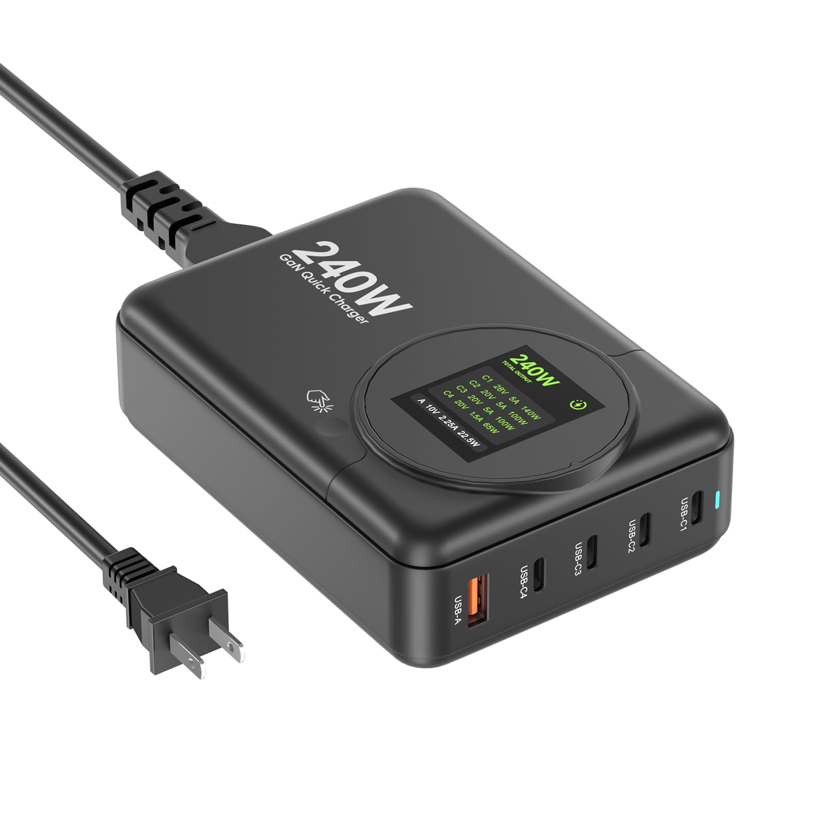 Photo 1 of 240W GaN Charger, 5-Port USB C Charger with 140W Max PD 3.1 Port, LED Display Desktop Charging Station Adapter for MacBook Pro/Air M3/M2/M1, Laptops, iPhone 15/14, Galaxy S24/S23, iPad, Steam Deck **SCREEN HAS CRACK**