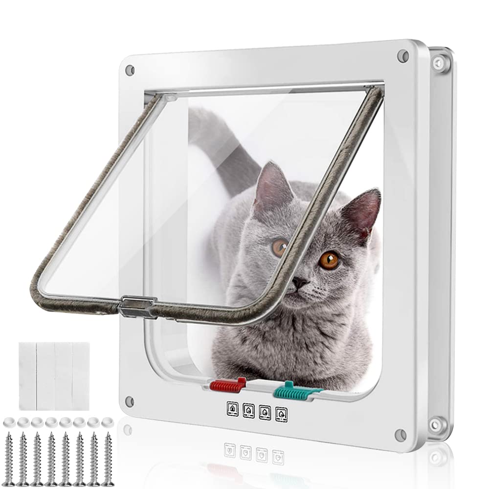 WeeGoo Large Cat Flap (OD 25 x 23.5 cm) Lockable Cat Flaps Pet Door for Cats and Small Dogs, 4Way Locking Dog Flap Doors for Interior Exterior, Easy Fitting Weatherproof Silent (White)