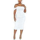 Women's Sexy Off Shoulder Sleeveless Bodycon Ruched Midi Elegant Cocktail Evening Party Night Tube Dresses