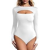 Mobeso Women's Round Neck Cutout Front Bodysuit Double Lined Long Sleeve Crew Neck Body Suits Sexy Tops