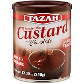 TAZAH Chocolate Custard Powder Mix, No Added Sugar, 12.3 oz (350 g) Tin | Stovetop chocolate custard mix made with corn flour, prepare with milk and sugar, then refrigerate before serving