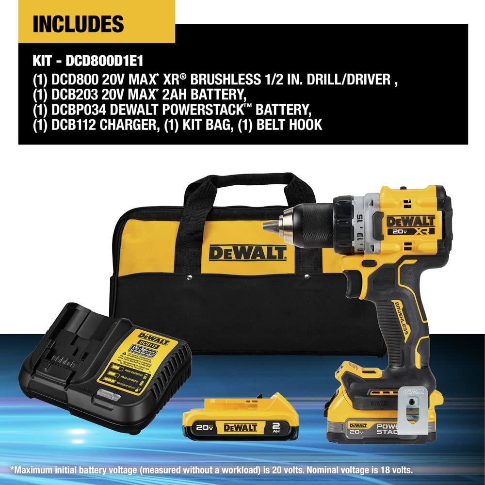 DEWALT 20V MAX XR Compact Cordless Drill and Impact Driver with Powerstack Batteries (DCD800D1E1)