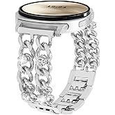 Metal Cuban Chain Band Compatible with Samsung Galaxy Watch 8 40mm/44mm,Galaxy Watch 8 Classic 46mm,Bling Diamond Dressy Cowboy Chain Wristband for Women Men