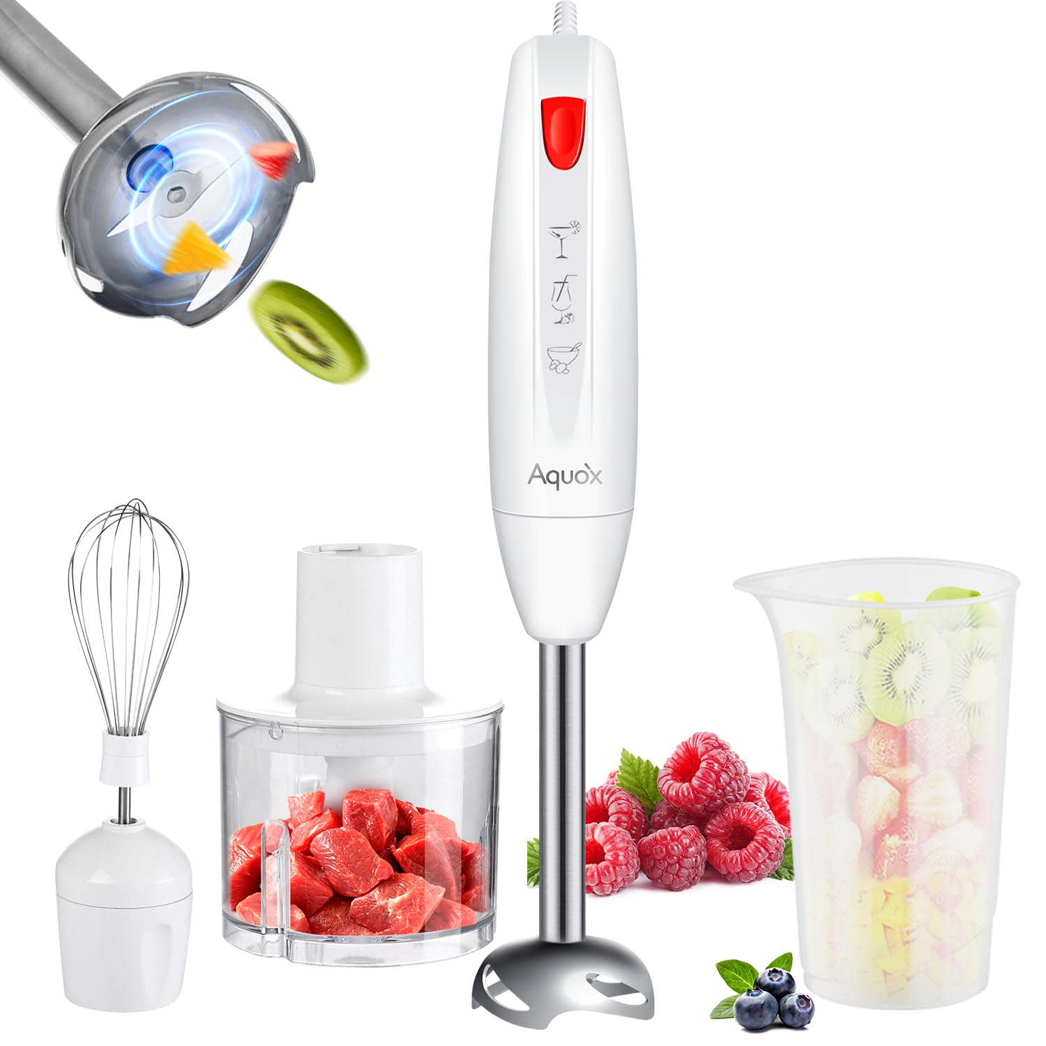 AQUOX Immersion Blender 4 in 1, 16000rpm Speed, 400W Turbo Motor & Ergonomic Grip Hand Blender Set, Splash-Proof Stainless Steel Blades, for Soup, Baby Food, Smoothies, Sauce (Red+Ivory)