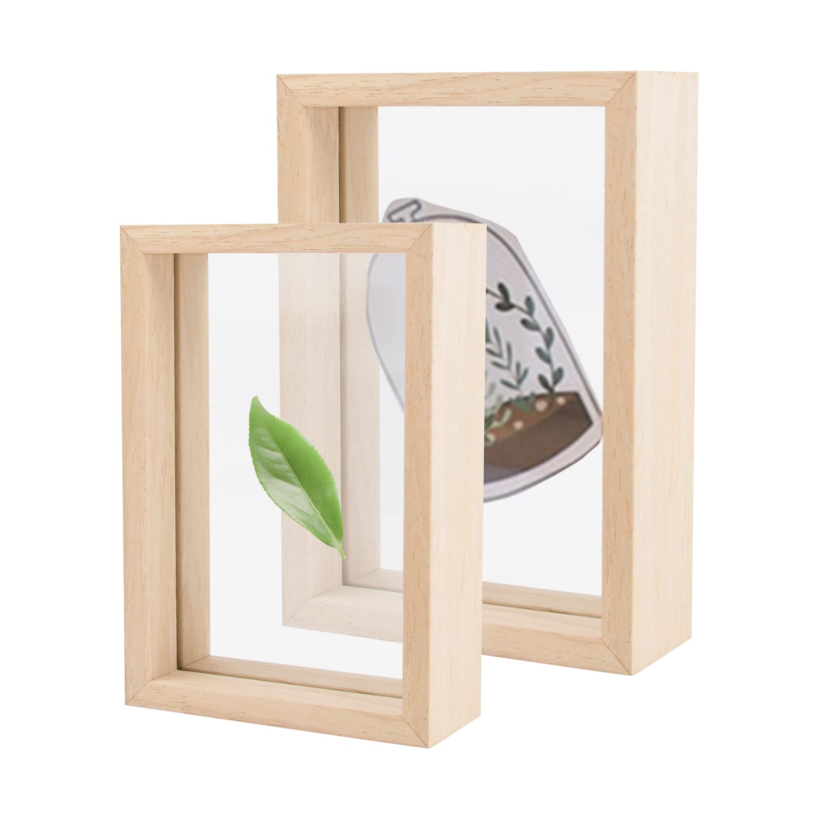 URROMA Floating Frame, 2 Pcs Double Glass Picture Frame Photos for Floating Effect Rustic Photo Frame Set for Tabletop Standing Wall Hanging, Natural Wood