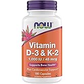 Now Supplements Vitamin D3 K2, 1,000 IU/45 mcg, Cardiovascular Support, Supports Bone Health, 180 Vegetarian Capsules - Vegan