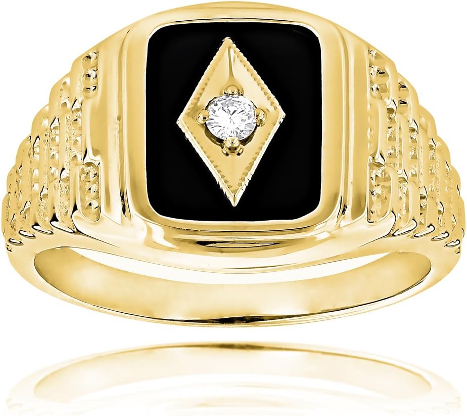 Black Natural Onyx And Real 0.1 Ctw Diamond 14K Gold Mens Vintage Ring For Him