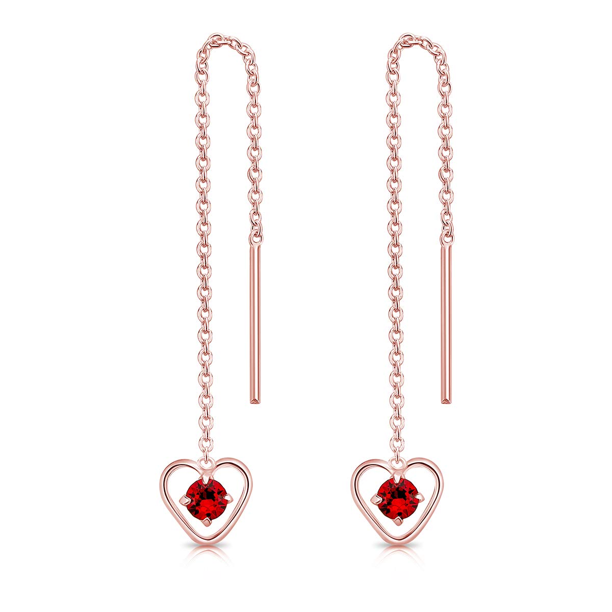 DTPsilver® 925 Sterling Silver Rose Gold Plated Pull Through Drop Chain Earrings & Dangling Heart with SMALL Round 3 mm Crystals from Swarovski® Elements - Length 68 mm - Colour : Red Light Siam