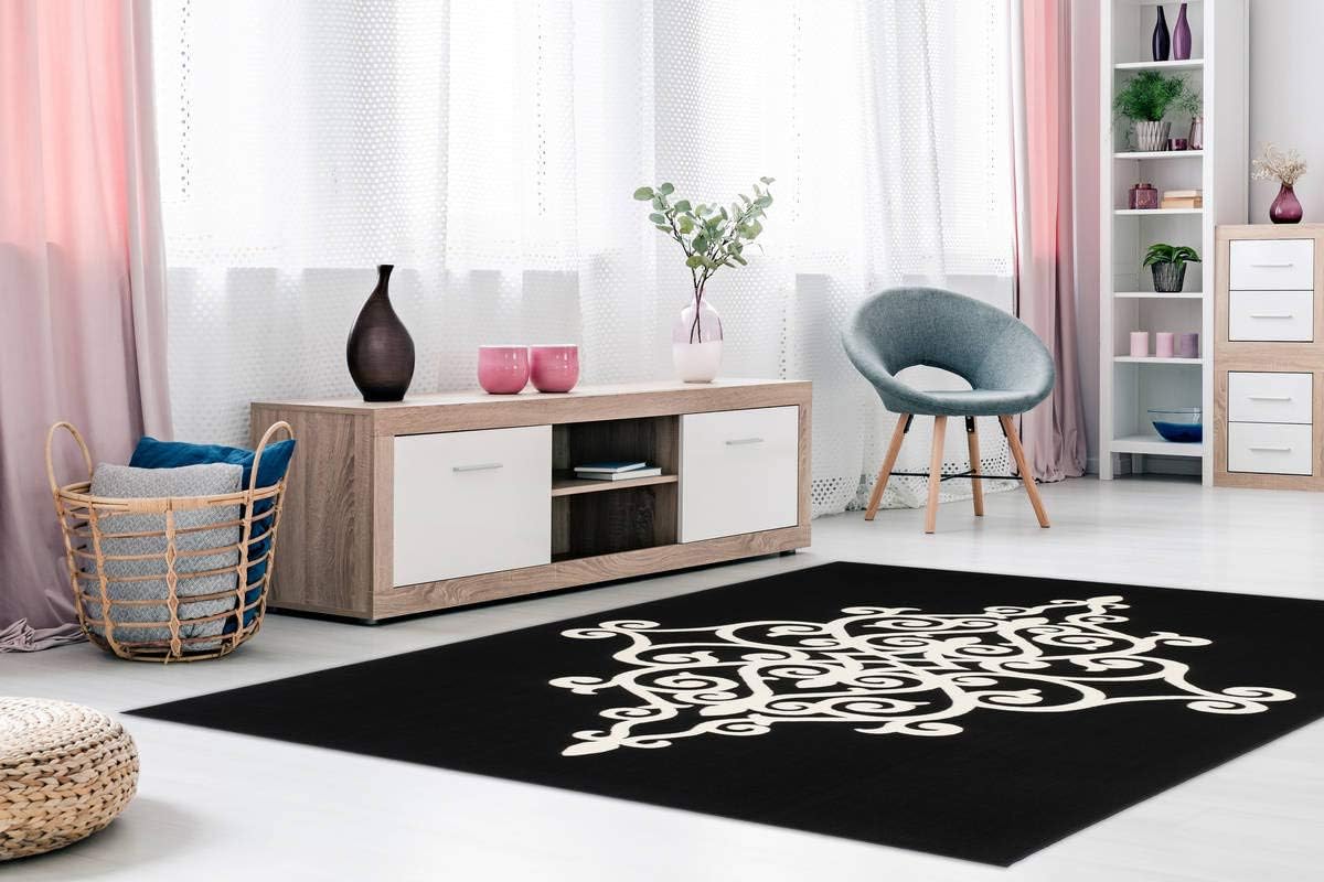 One Couture Flat Pile Rugs Classic Oriental Ornament Rug, Black Living Room Rug, Dining Room Rug