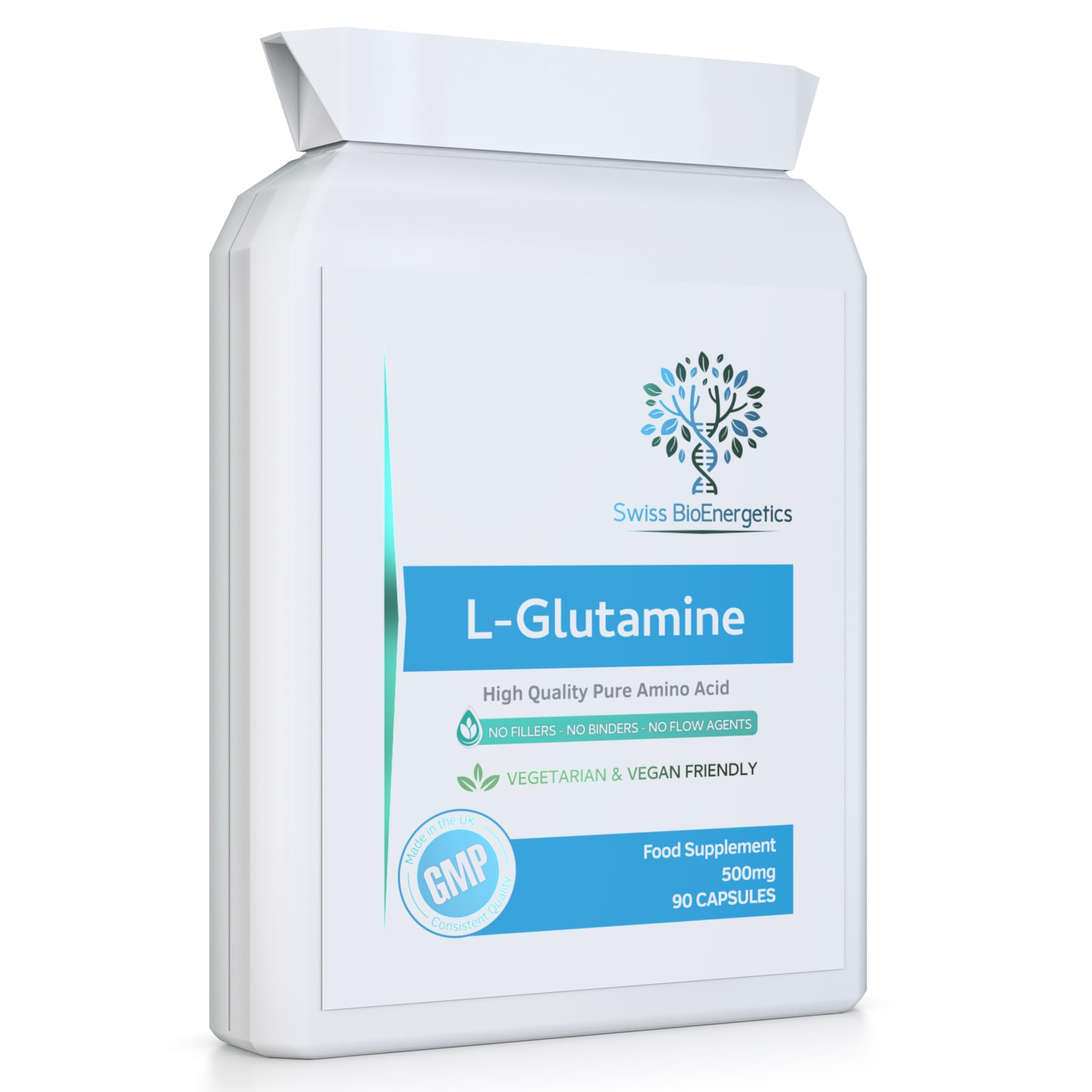 L-Glutamine 500mg 90 Capsules - Pure Amino Acid with no fillers or Binders - Suitable for Vegetarians and Vegans – Exclusively Manufactured in The UK