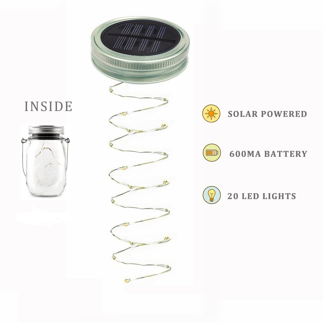 Mason Jar Licht, Solar Laterne 20Leds Lichterkett Glas Hängeleuchte Outdoor Solarlampe Balkon Tischleuchte für Außen,Dekoration für Zuhause Party Garten Hochzeit(Warmweiß)
