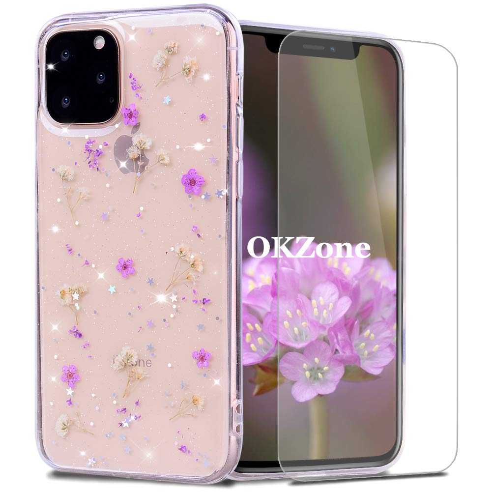 OKZone for iPhone 11 Pro (5.8 Inches) Case [with HD Screen Protector], [Dried Flowers] Silicone Shockproof Clear Glitter Floral Cover Soft Resin Art Craft Bling Protective Case (Purple)
