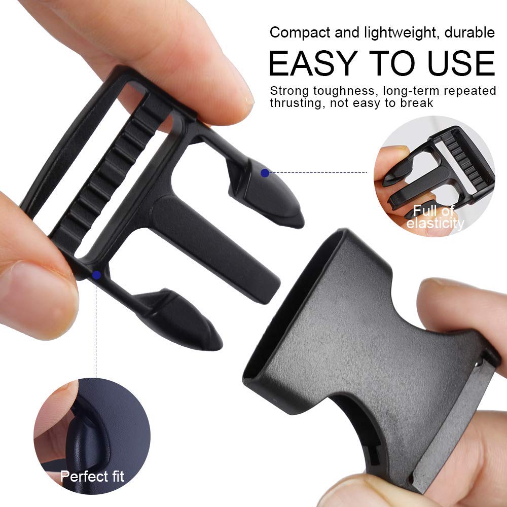 Buckles Strap Set, YGDZ 10 Yards 1 Inch Nylon Webbing Strap with 20 Set Side Release Plastic Buckles for Luggage Strap Backpack Repairing, Black