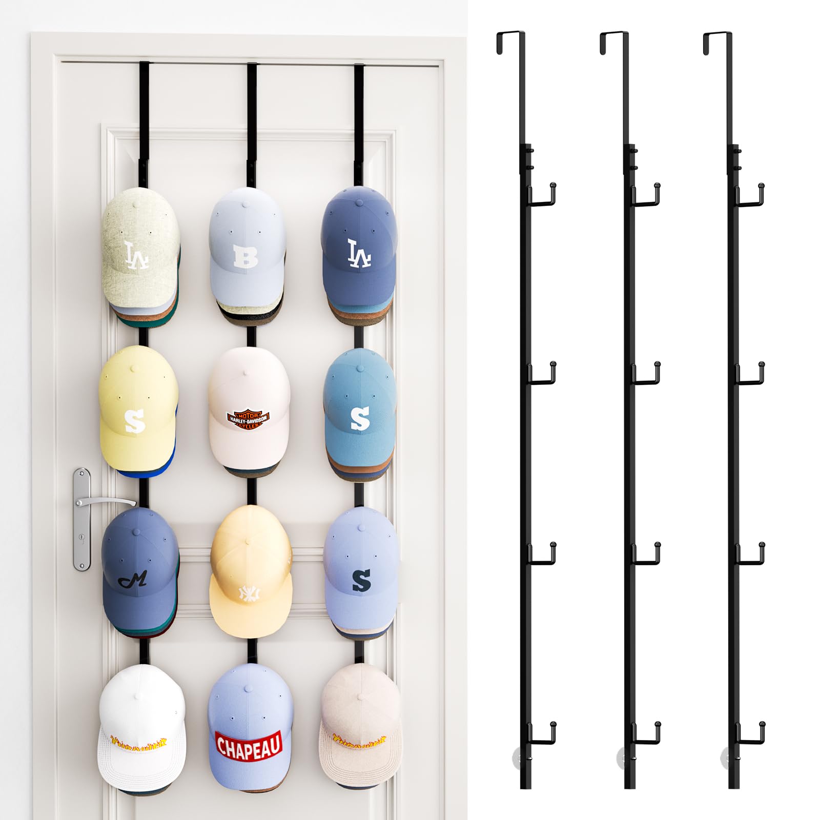 Photo 1 of SWTYMIKI Over Door Hat Rack - 3 Packs Metal Hanging Hat Organizer with 12 Hooks Design, Baseball Cap Hanger Organizer Storage Holds up to 60 Caps for Door, Bedroom, Closet