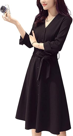 Amazon Co Jp レディース ワンピース シャツワンピース チュニック 長袖 膝丈 秋冬 ドレス Vネック ひざ丈 無地 大きいサイズ ブラック 黒 フォーマル ワンピ Aライン リボン ベルト付き 二次会 お洒落 ブラック 3xl 服 ファッション小物