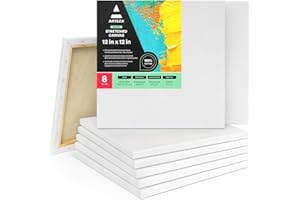 ARTEZA Stretched Canvas, 12 x 12 Inches, Pack of 8, Blank White Square Canvas for Painting for Acrylic, Oil and Gouache Paints