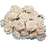 Champagne White Fake Rose Artificial Flowers 18Pcs Long Stems Realistic Silk Faux Flowers for a Tabletop Rose Bouquet or Party Wedding Centerpieces Home Decor
