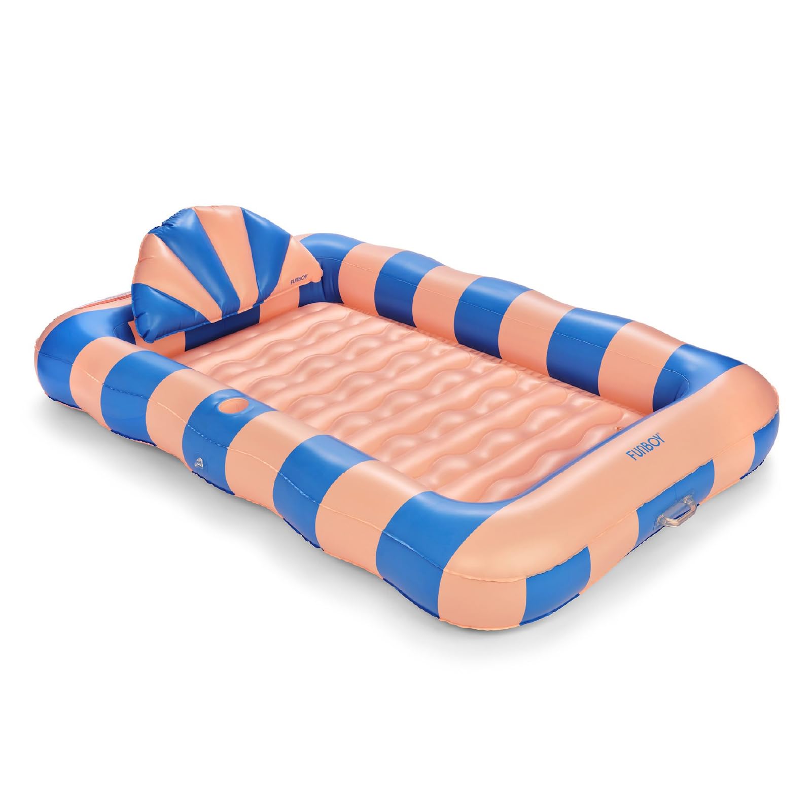 FUNBOY Tanning Pool Lounger Float Coral Stripe, XL 72” x 48” Pool Float with Custom Pillow and Large Cup Holder, Perfect for Pool or Backyard.