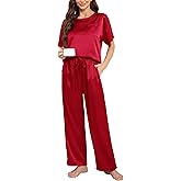 Nanxson Womens Satin Pajama Nightwear 2 Piece Loungewear with Pockets Soft Sleepwear Silky Short Sleeve Shirt with Long Pant