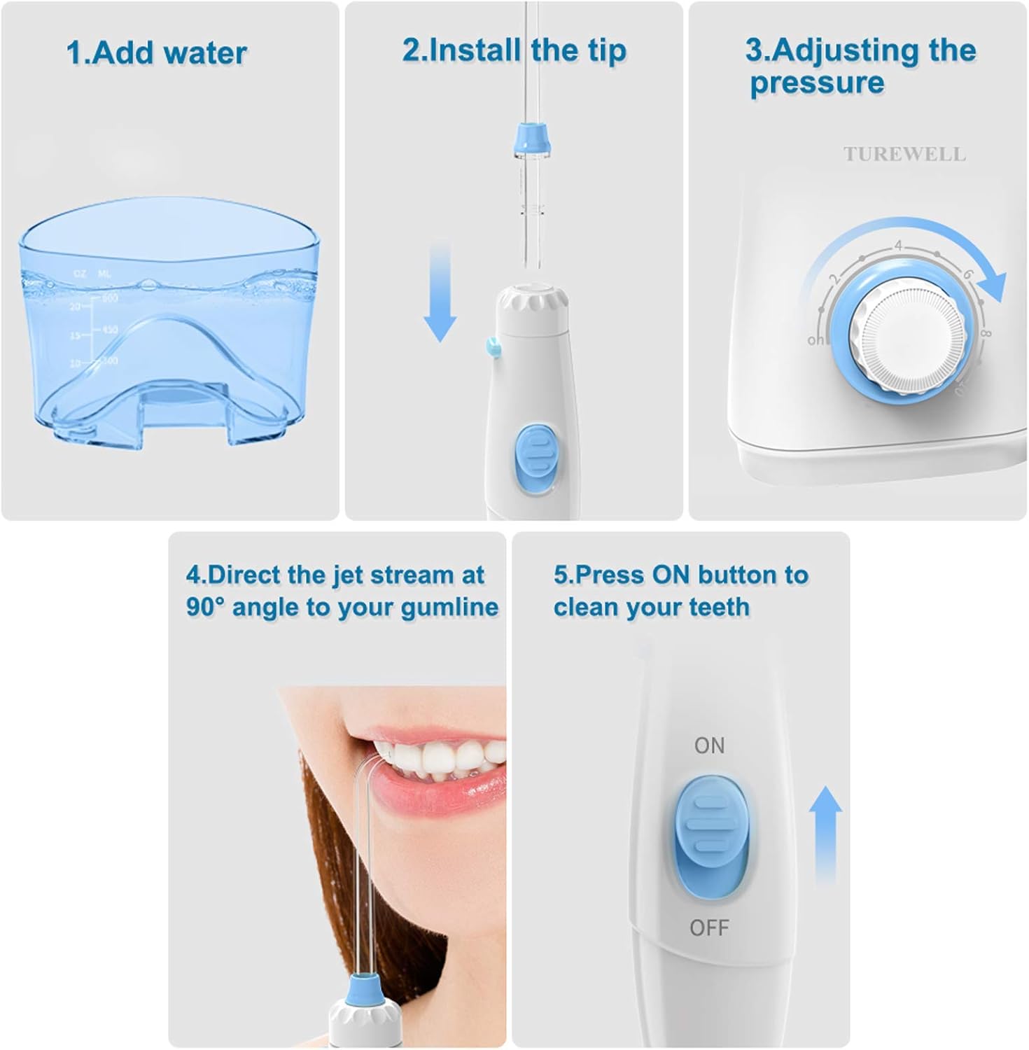 TUREWELL Water Flosser Dental Oral Irrigator with 10 Adjustable Modes, 600ml Countertop Electric Dental Flosser for Braces and Teeth: Health & Personal Care