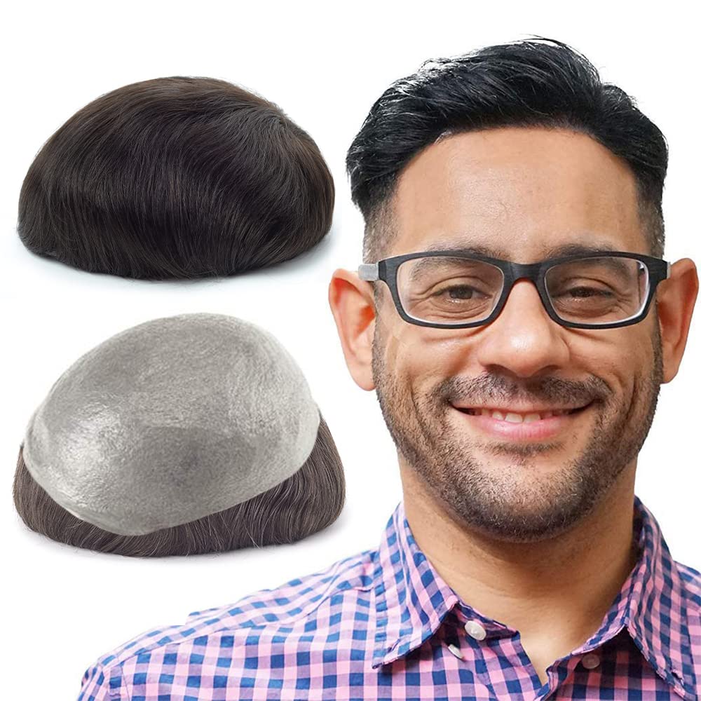 Lordhair Toupee for Men with 100% European human hair 8x10 inch Hairpiece for Men 0.06mm Super Thin Skin Hairsystem All V-looped Mens Toupee (Off Black 1B#) — image 1