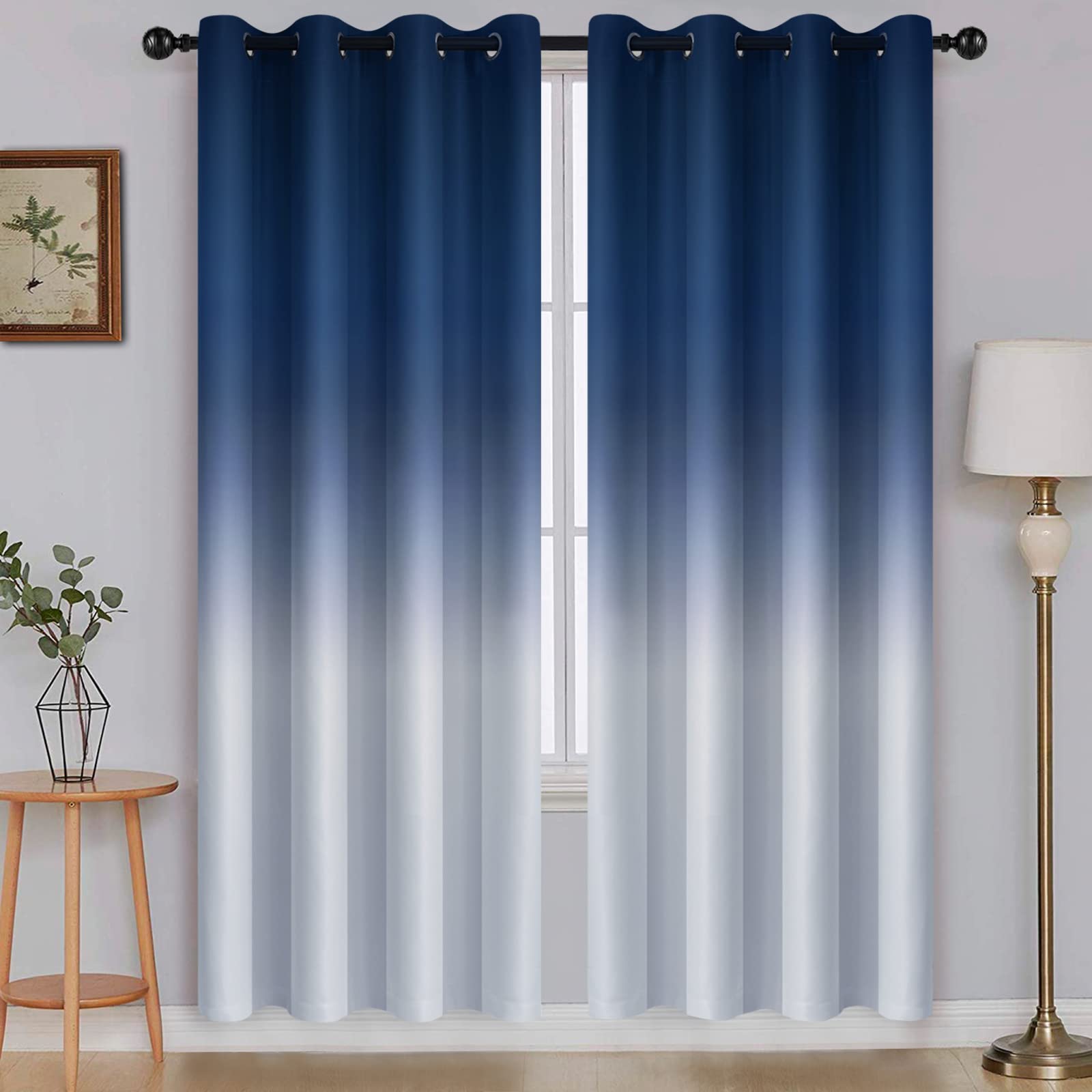SimpleHome Ombre Room Darkening Curtains for Living Room, Light Blocking Gradient Blue to Grey White Thick Thermal Insulated Grommet Window Curtains/Drapes for Bedroom, 2 Panels, 52x72 inches Length — image 1