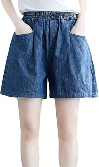 Amazon Shuming ショートパンツ レディース デニム ゆったり 短パン ハイウェスト シンプル ファッション ショーパン カジュアル ウェストゴム ハーフパンツ 着痩せ 大きいサイズ 夏 ショートパンツ 通販