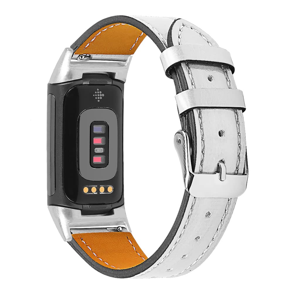 AISPORTS Leather Strap Compatible with Fitbit Charge 6/5 Strap for Women Men, Soft Breathable Leather Sport Wristband Metal Classic Buckle Clasp Bracelet Replacement Band for Fitbit Charge 6/5
