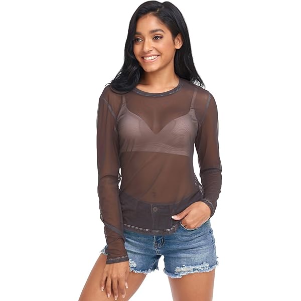 UMIRIKO Women's Long Sleeve Sheer Mesh Tops Tee Shirt Blouse Black
