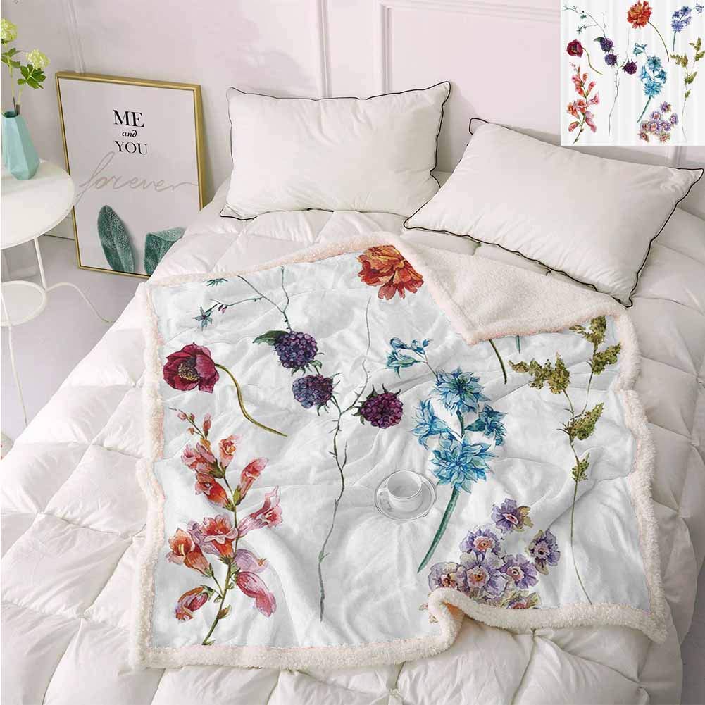 Watercolor Flower Decor Collection Twin Blanket Set of Colorful Watercolor Wildflowers and Sprigs Flowers Design Fleece Throw Blue Purple Red 60"x70"