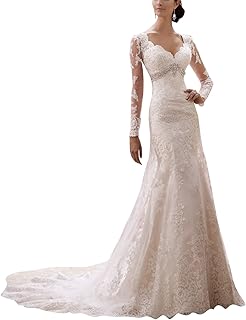 Topquality2016 Mujer Escarpado Cord¨®n Con Cuentas Cintura Sirena V Escote Manga Larga Vestidos de Novia Vestido de Boda