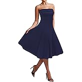 Newshows Women's 2025 Summer Cocktail Dress Stretch Wrinkle-Free Elegant Strapless Tube Formal Evening Party Skater Midi Dress(Navy,S)