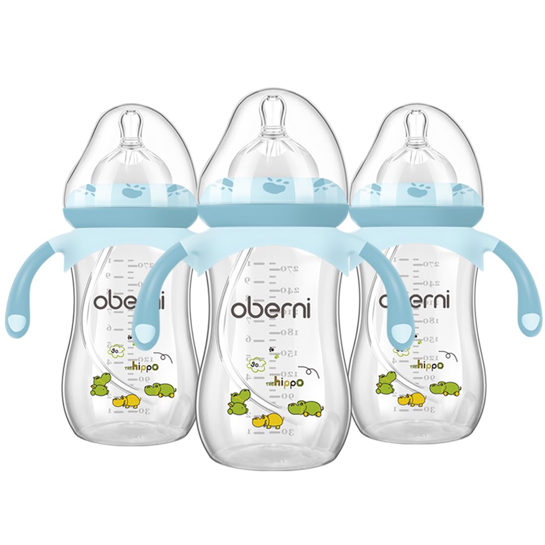 Oberni Weighted Baby Bottles with Size 4 Fast Flow Breast-Like Teat for 12 Months Plus / 1 Year Old Newborn Babies, 270ml/9oz, Non-Slip Handles, Anti-Colic, Blue/3Pack