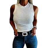 CHICME Women’s Rhinestone Mock Neck Sleeveless Knit Tank Top Slim Fit Sparkly Halter for Party Vacation Summer