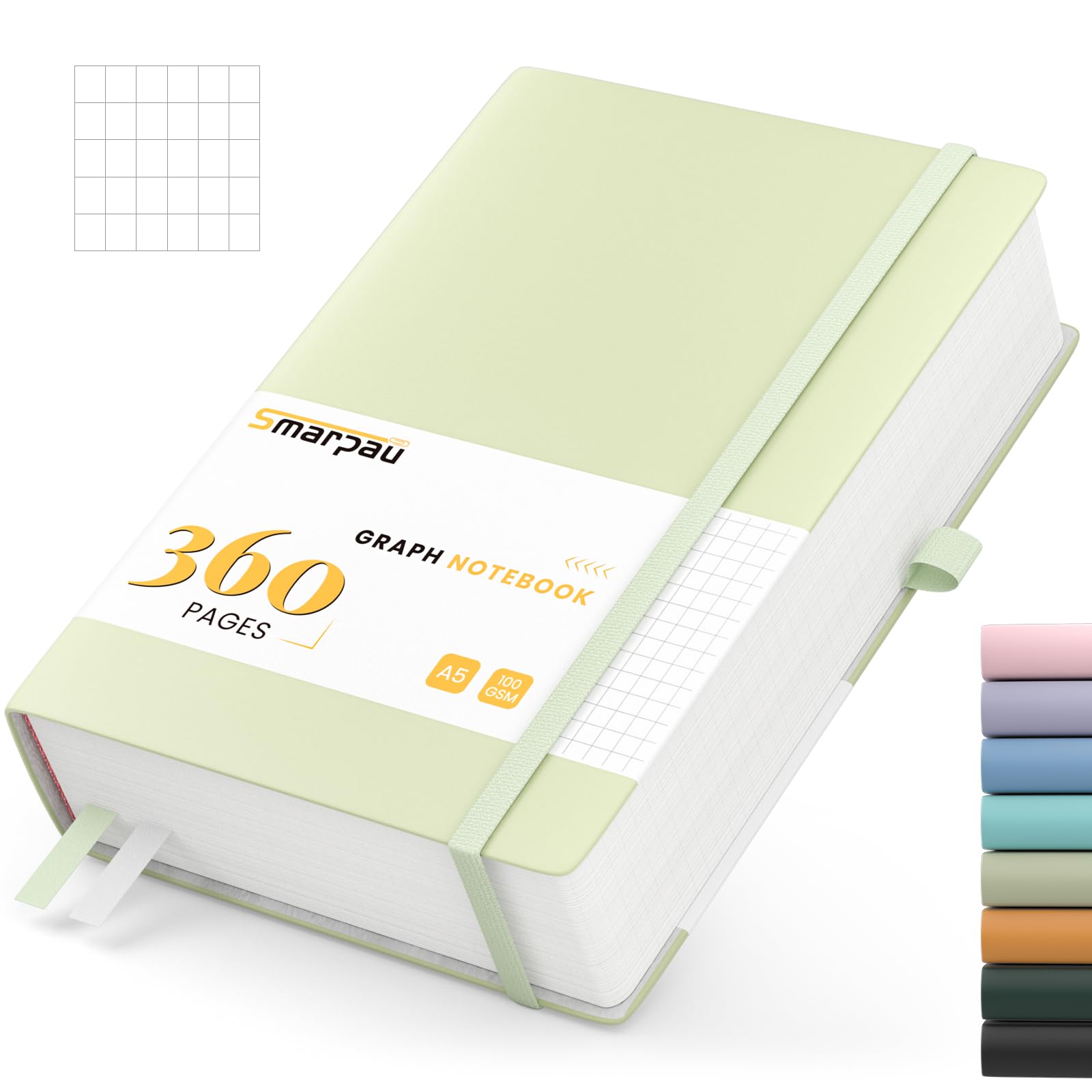 Smarpau Graph Paper A5 Notebook, Thick Journal Grid Notebook 360 Pages, 100GSM Thick Paper for Writing, Leather Journal for Women Men Work School Office - 14.5 x 21cm, Light Green