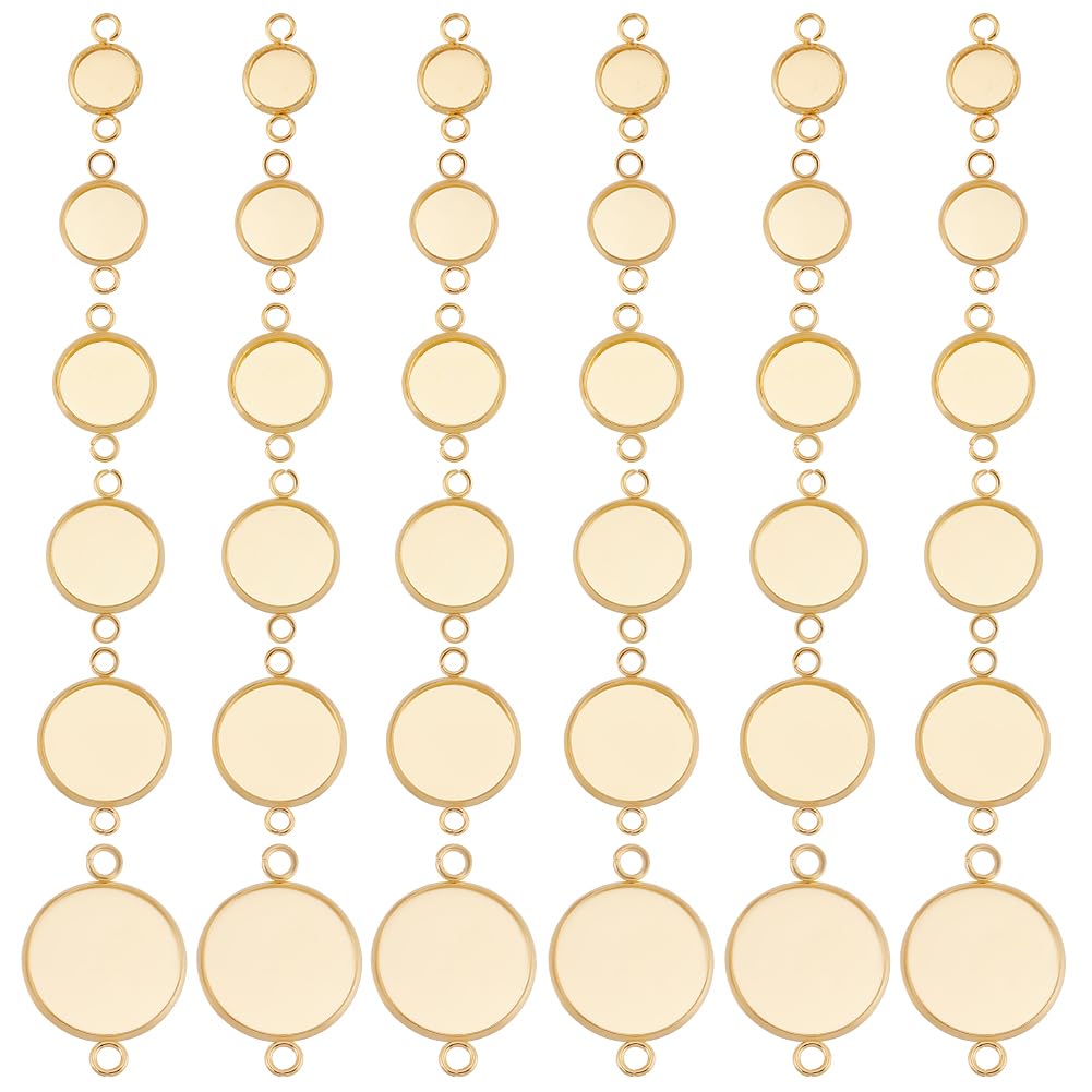 Beebeecraft 1 Box 48Pcs Cabochon Connector 18K Gold Plated Brass 6 Size Flat Round Blank Bezel Pendant Trays Connector Cabochon Settings with 2 Loop for DIY Jewelry Making