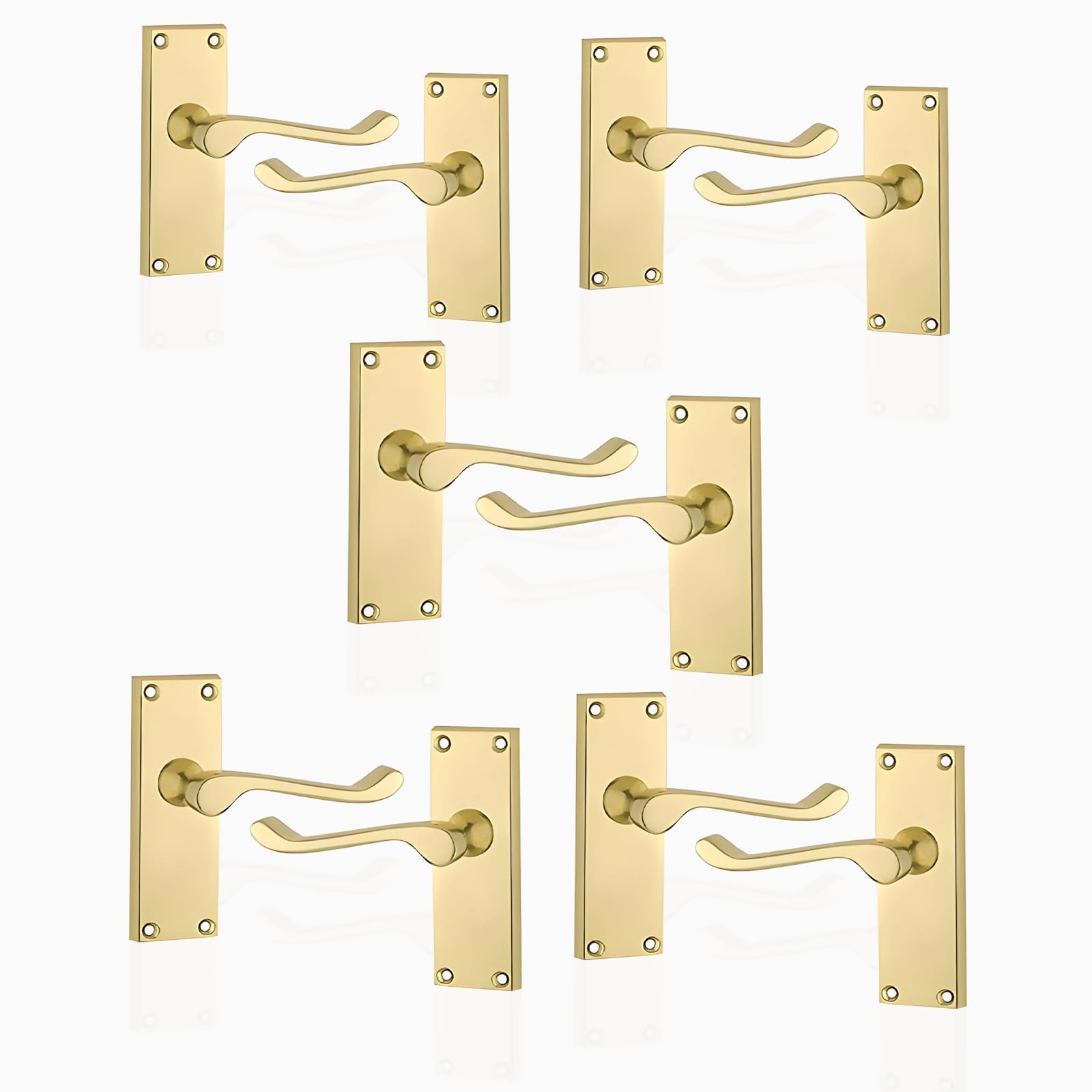 HANDLESTORE® Brass Door Handles Set – Victorian Scroll Lever Internal Door Handle Sets with Backplate, Spindle & Screws – Interior Brass Handles for Home Doors (5 Pack)