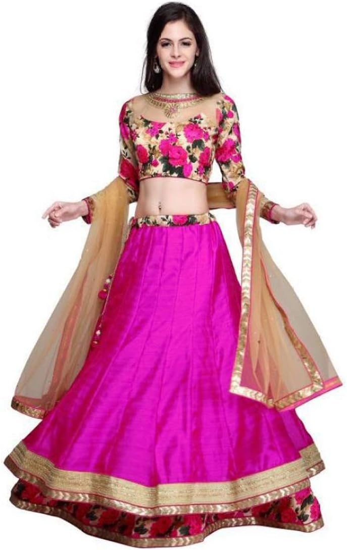 JULEE Women's Banglori Satin Semi-Stitched Lehenga Choli (Pink_Free Size)