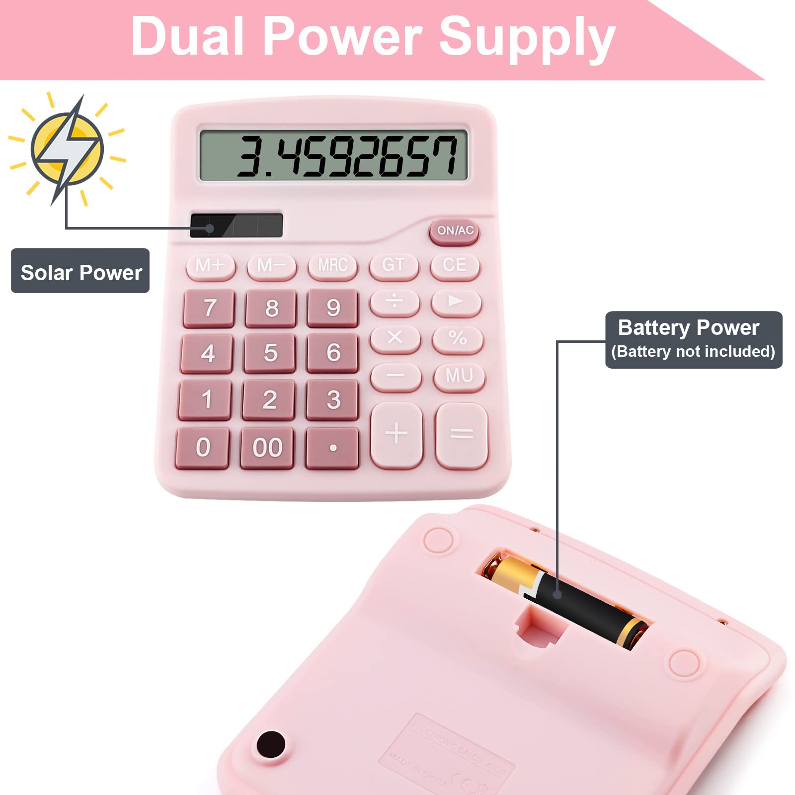 Office Desk Calculator with Solar Power, 12 Digits Large LED Display, Calculators Desktop with Big Buttons, Pink Office Home School Supplies (Pink)