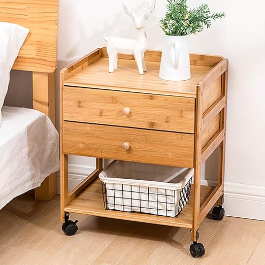 Amazon Com Dl Ve Vintage Bookcase With Lockable Casters Nightstand Side Cabinet Storage Rack Easy Assembly Bamboo Bookshelf With Drawers Log A 46 5x37 5x57 5cm 18 3x14 8x22 6inch Home Kitchen