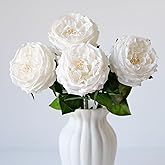 YalzoneMet 3.5'' Big Bloom White Rose Artificial Flowers 4Pcs Real Touch Rose Faux 17.7 Inch Long Stem Austen Roses Peonies Fake Flowers for Home Kitchen Party Christmas Flower Wedding Decor