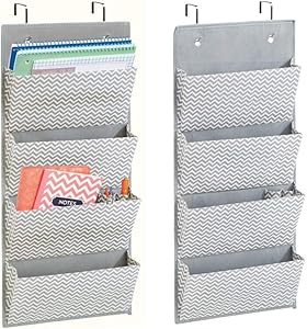 mDesign Soft Fabric Wall Mount/Over Door Hanging Storage Organizer - 4 Large Cascading Pockets - Holds Office Supplies, Planners, File Folders, Notebooks - Chevron Zig-Zag Print, 2 Pack - Gray/Cream