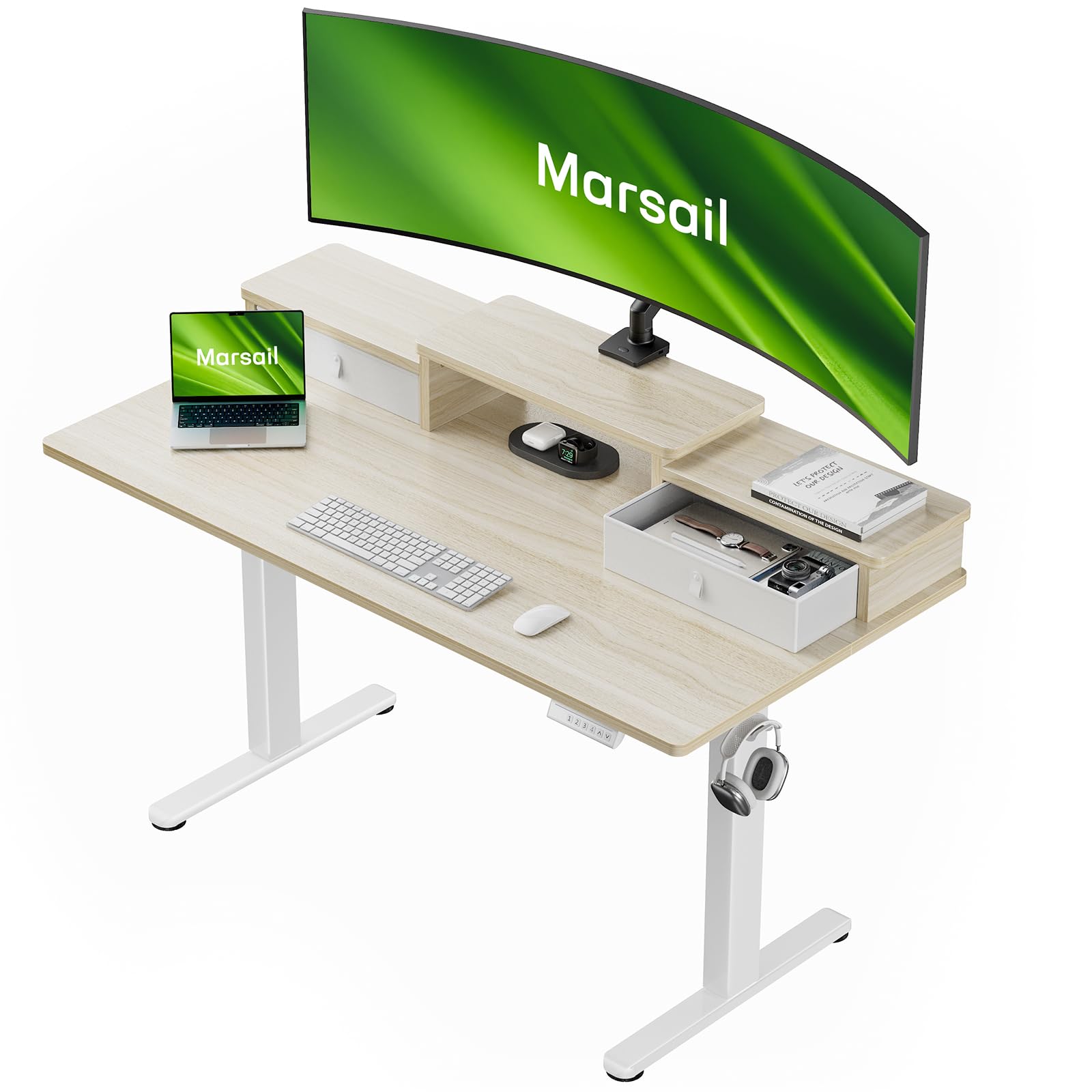 View 1 of ***PARTS ONLY***Marsail Electric Standing Desk with Drawers, 55? x 28? Height Adjustable Sit Stand Up Desk with Storage Shelf, Ergonomic Home Office & Computer Table with 4 Memory Heights, Maple