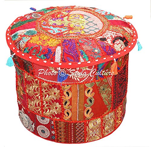 Stylo Culture Pouffe Seat Vintage Large Floor Pouf Cover Red Ethnic Embroidered Patchwork Cotton Traditional Round Fabric Pouf Ottoman Cover (22x22x13 Inch) 55cm (COVER ONLY)