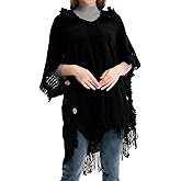 ITODA Women Cable Knit Poncho Sweater V Neck Crochet Hooded Cape Casual Warm Shawl Cape Pullover Sweater with Fringed Hem
