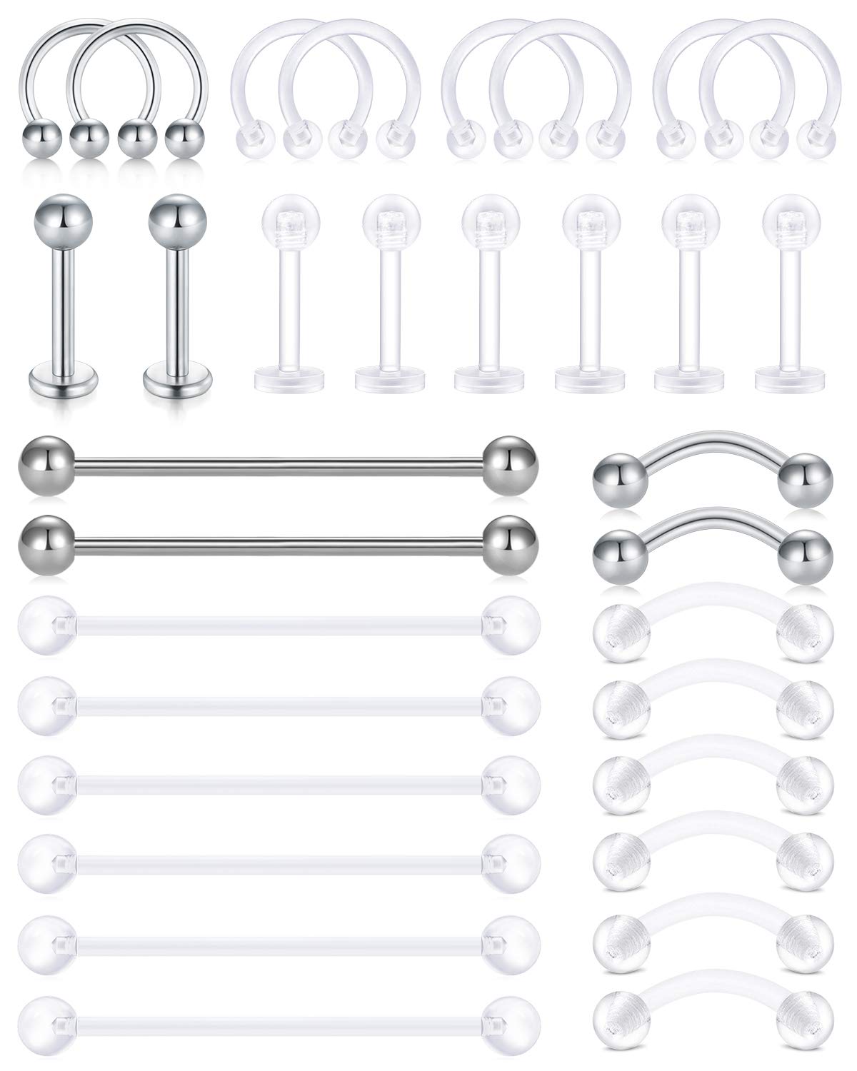 AceFun 32 pcs Mix Set Clear Piercing Retainers Septum Retainer Nose Studs Flexible Lip Ear Nose Tongue Rings Nipplering Horseshoe Plastic Industrial Piercing Retainer for Work