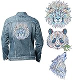 Lion Heat Transfer Iron on Patch Sticker - 4 Pcs Large DIY Vinyl Patches for T Shirts, Women Jeans, Men Clothes. Funny Panda Wolf Animal Design for Party