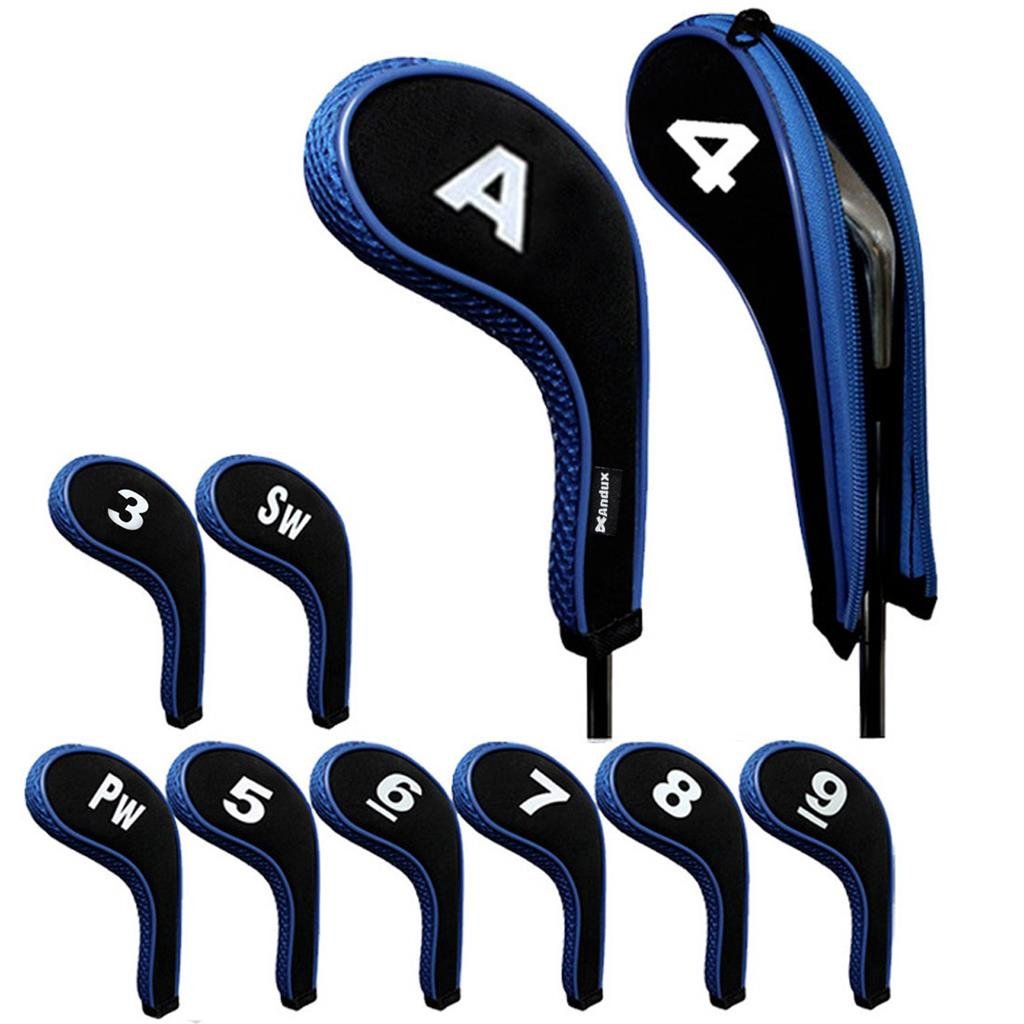 Andux Number Print Golf Iron Club Head Covers with Zipper RH 10pcs/set Black/blue